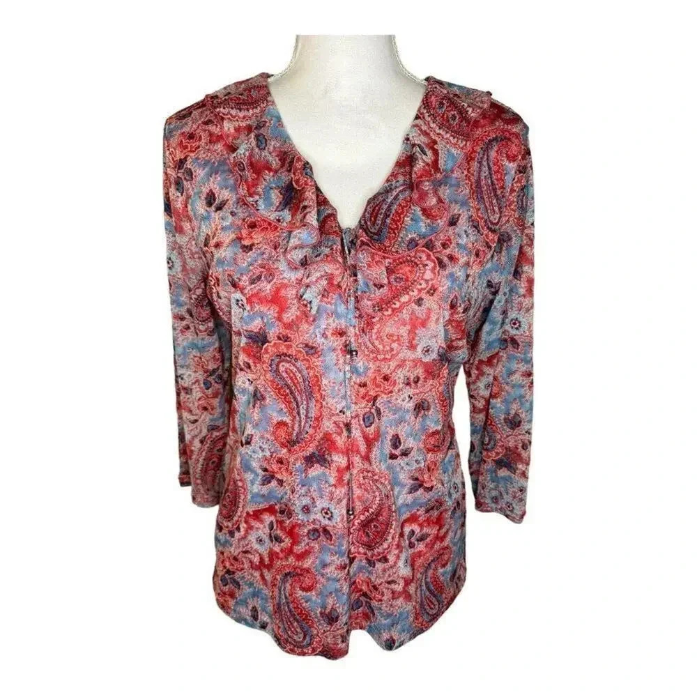 Chaps Denim XL Red & Blue Paisley Lined Lace Up V-Neck Top
